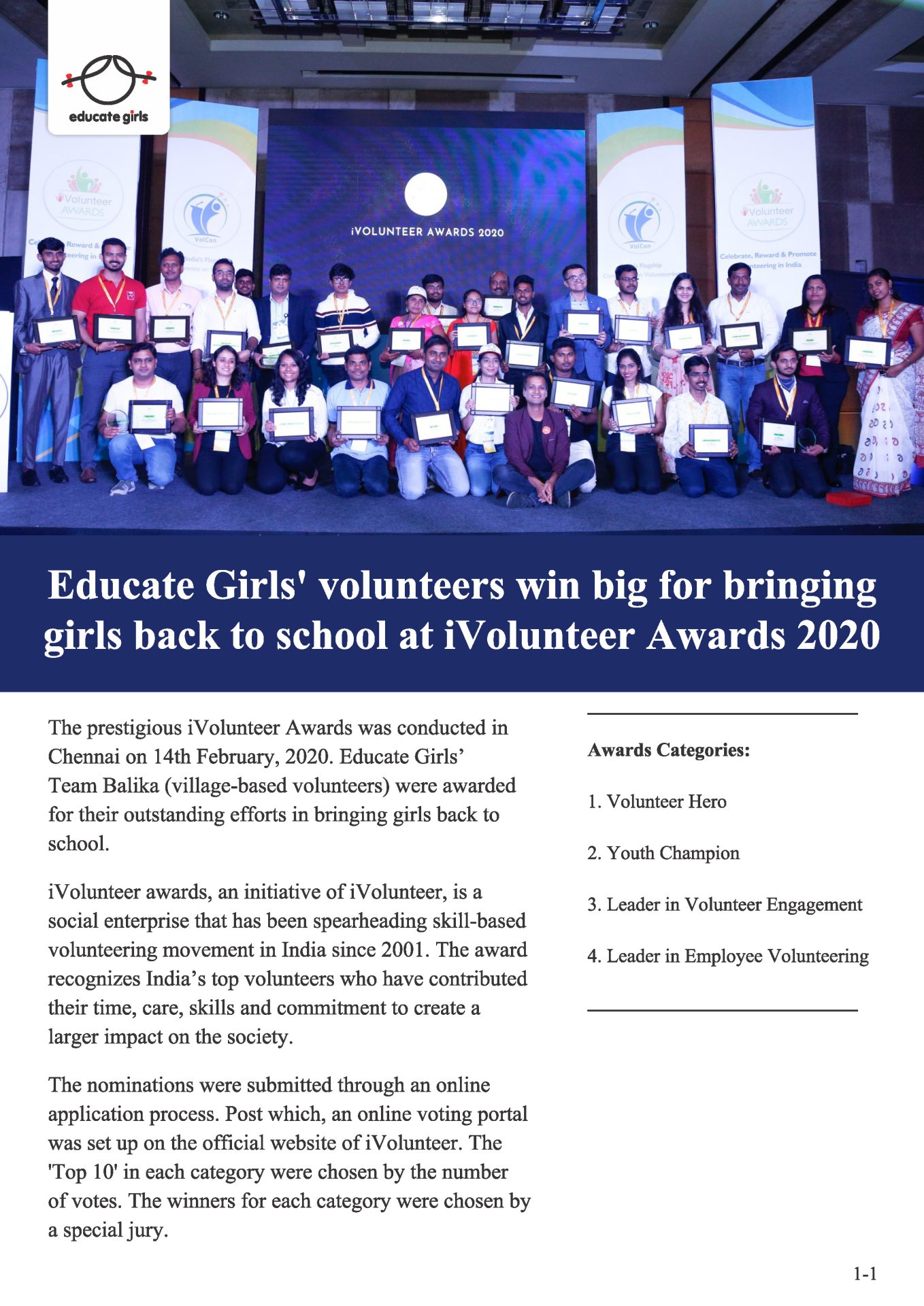 Educate Girls’ Volunteers Win Big At Ivolunteer Awards 2020 For Bringing Girls Back To School